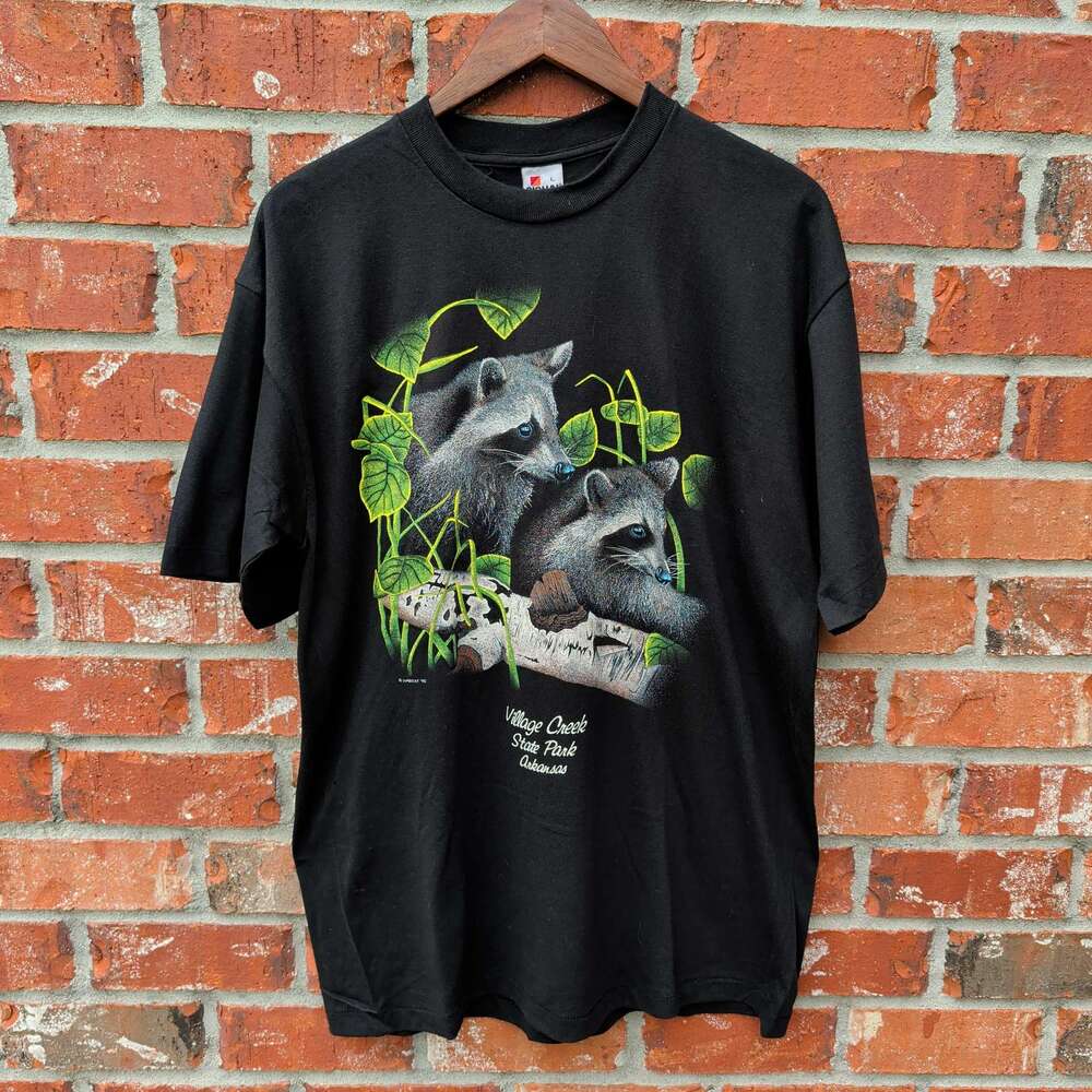 Vintage Village Creek State Park Raccoon T-Shirt Mens L Black 90s Arkansas Tee